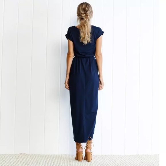 💥 CLEARANCE Tie Waist Rolled Short Sleeve Long Faux Wrap Front Slit Maxi Dress - Picture 4 of 8
